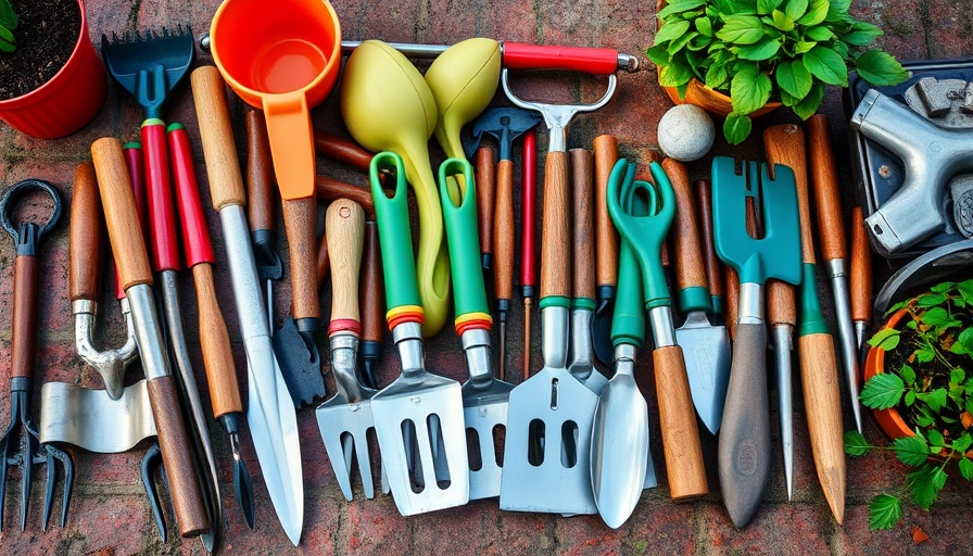 Essential gardening tools arranged on a brick pavement.