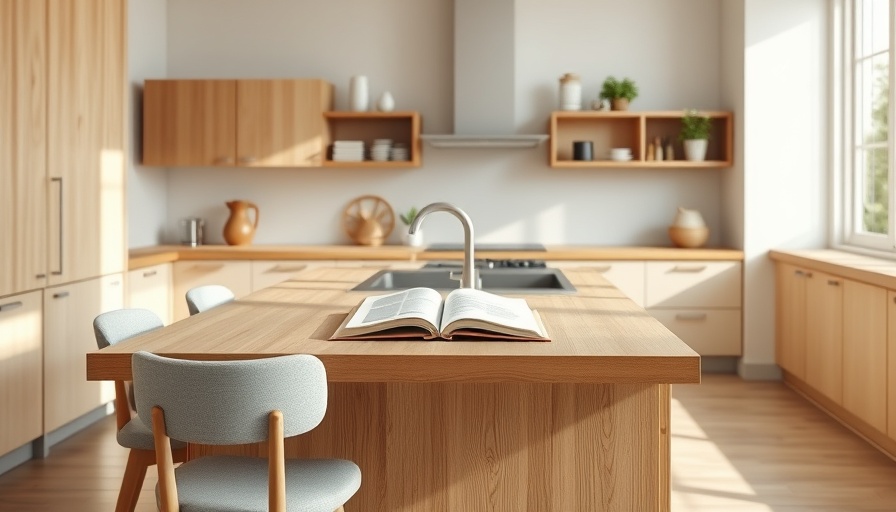 DIY kitchen projects: modern wooden island with cookbook and chairs.