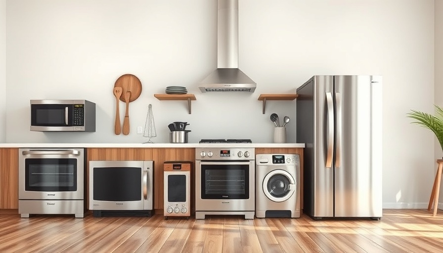 Modern kitchen appliances displayed on a wooden floor.