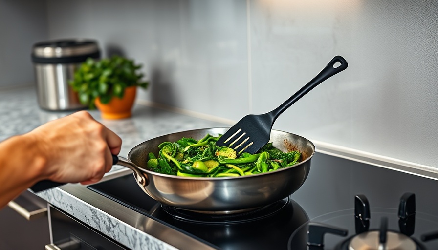 Black plastic kitchen utensils in use on a modern stove.