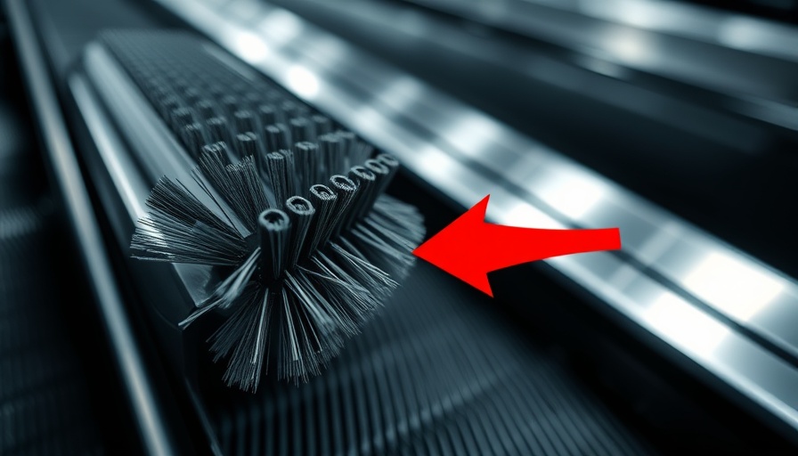 Close-up of escalator brush for safety, highlighted by red arrow.