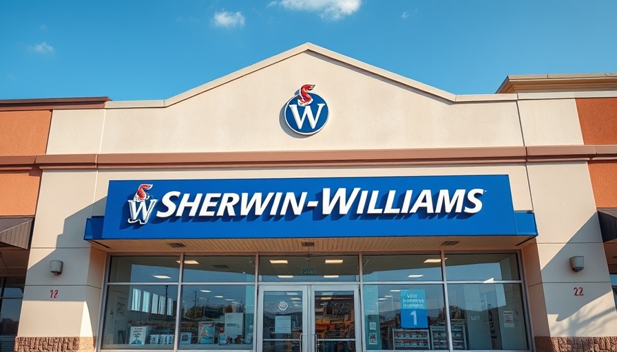 Exterior of Sherwin-Williams paint store showcasing brand logo under blue sky.