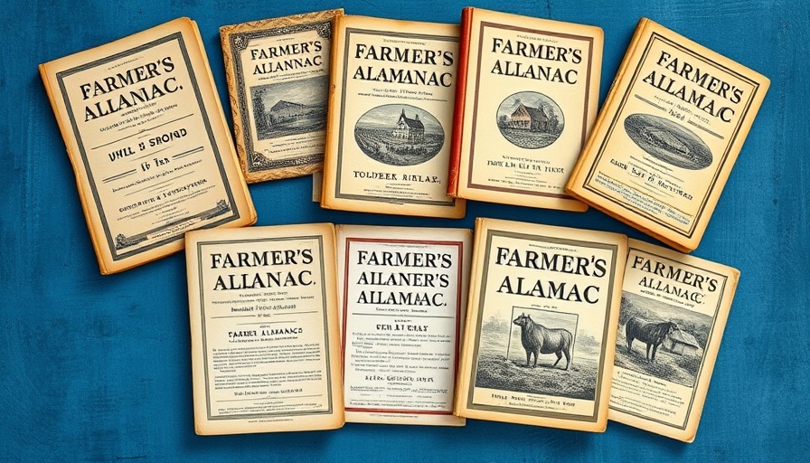 Vintage Farmer's Almanac weather predictions collection with historical covers.