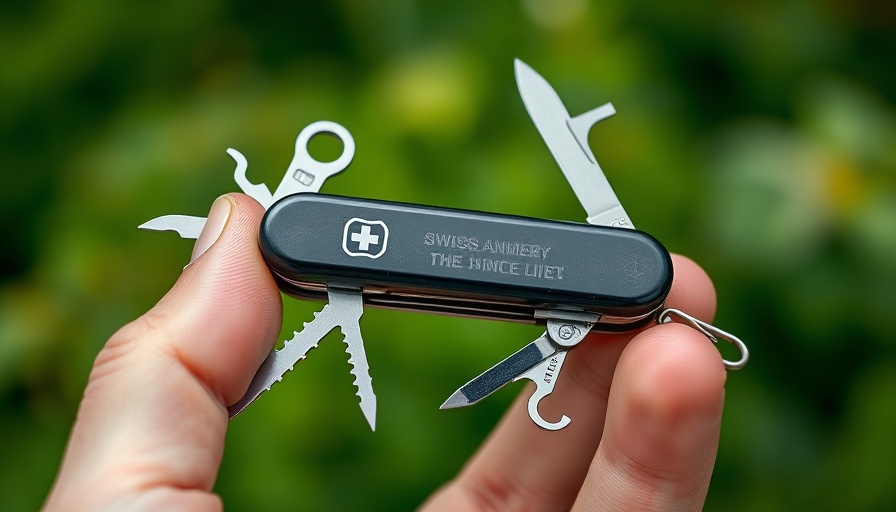 Swiss Army knife with tools unfolded in a natural setting.