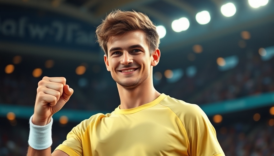 Young male tennis player celebrating victory on the court