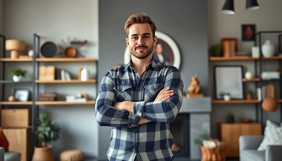 Confident home renovator in plaid shirt with modern interiors.
