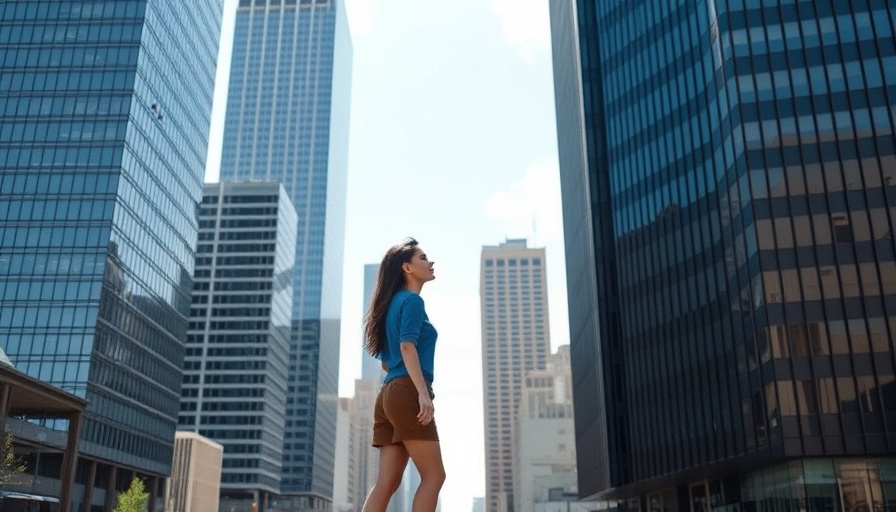 Everlane celebrity ambassador in a stylish blue outfit, touching a skyscraper in a miniature city under a clear sky.