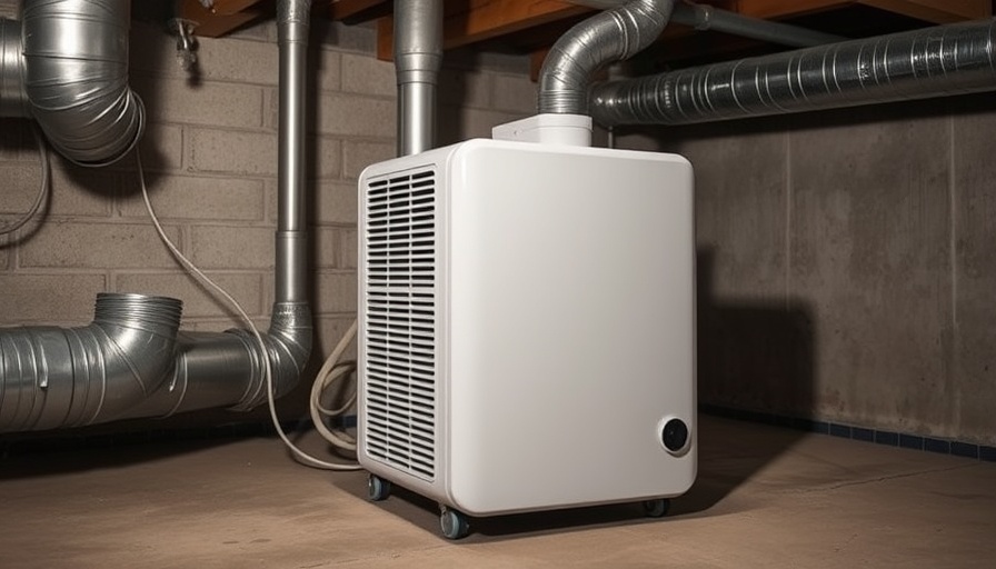 Compact whole-house dehumidifier installed in basement with ducts.