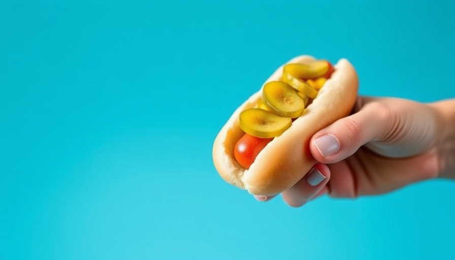 Colorful airport hot dog held against bright blue background.