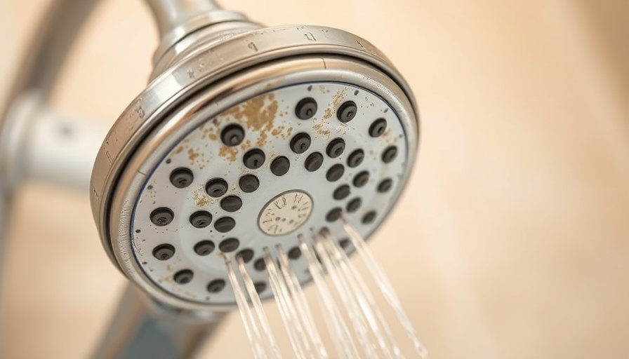 Dirty shower head needing cleaning, mineral deposits visible.