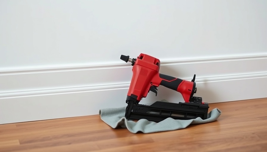 Cordless nail gun on cloth for installing baseboards on wooden floor.