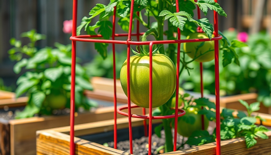 Vibrant red tomato cage in a wooden planter supports a growing plant, best tomato cages.