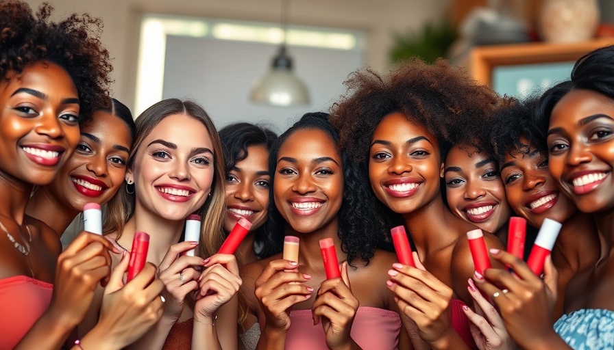 Collage of women with tinted lip balm products.