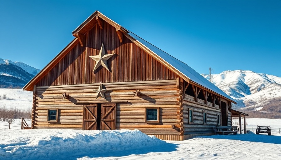 Rustic barn with star emblem in a snowy mountain landscape, Meaning of Barn Stars