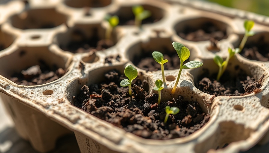 Seedlings sprouting in egg carton with dark soil for starting seeds.