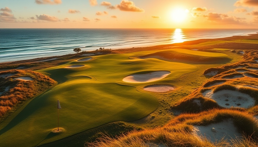 Luxurious New Zealand golf resort at sunset, serene oceanfront.