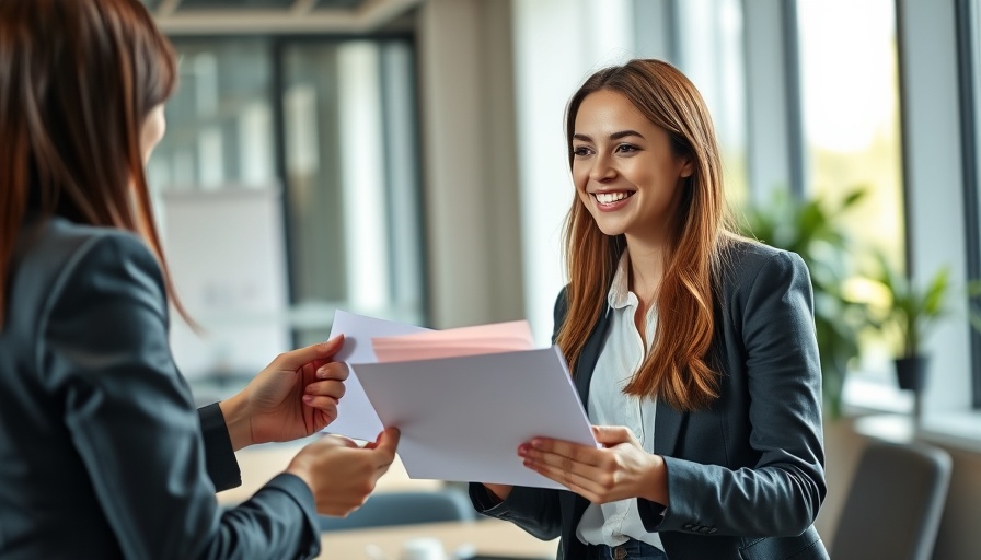 Cheerful woman offering papers to colleague in bright office setting
