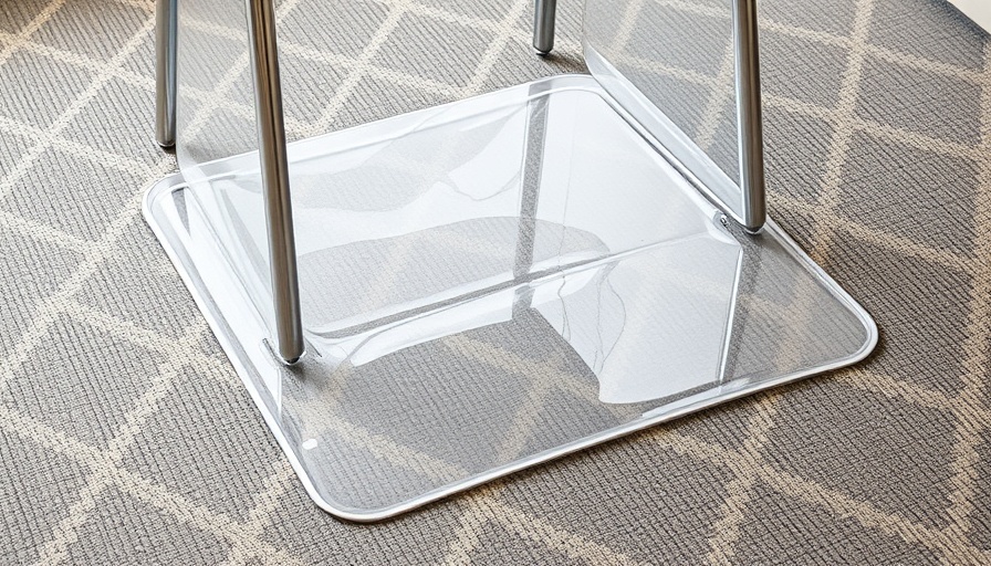 Transparent chair mat on patterned carpet for protection.
