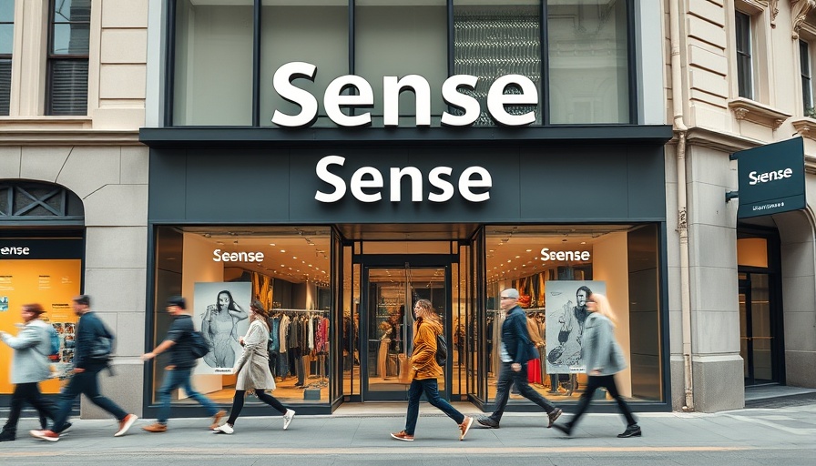 Modern Ssense storefront with pedestrians and fashion brand listing.