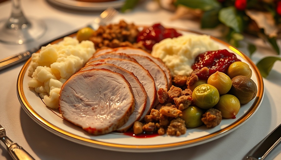Delectable Thanksgiving dinner plate with turkey and sides.