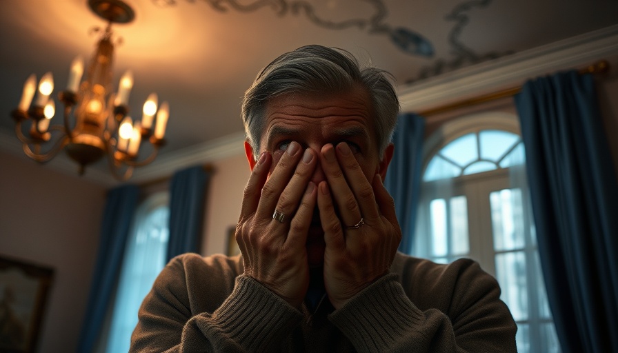Concerned man reacting to large ceiling crack in room.