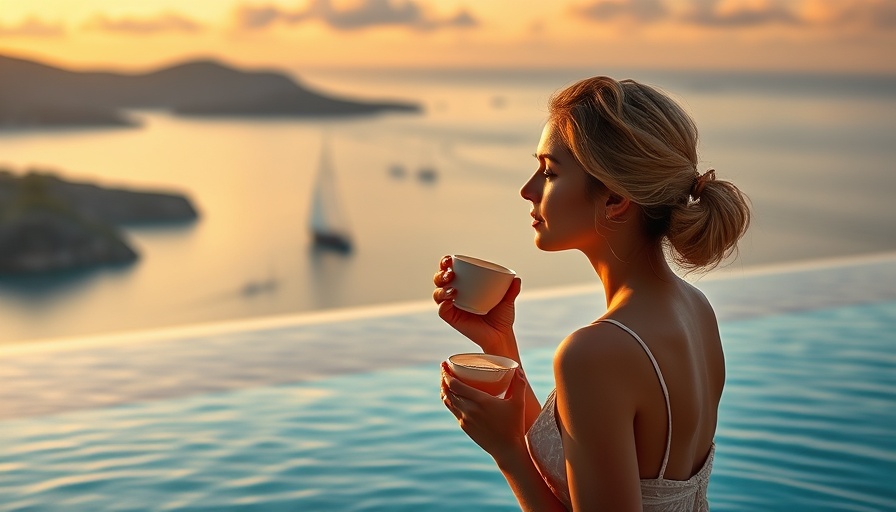 Serene woman enjoying tea by pool at sunset during a spa travel experience.