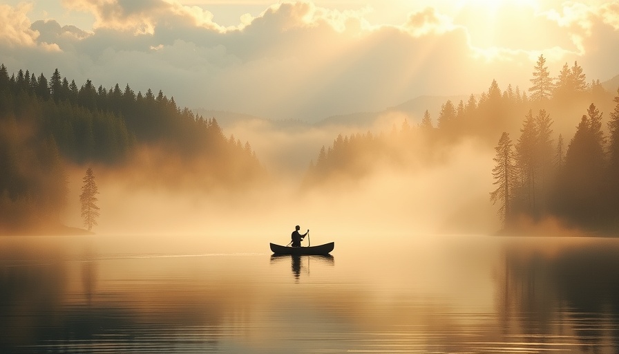 Serene lake scene with sunlight and lone boatman symbolizing sustainable growth.
