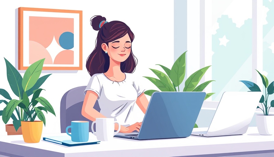 Illustration of woman doing desk meditation techniques, vibrant colors.
