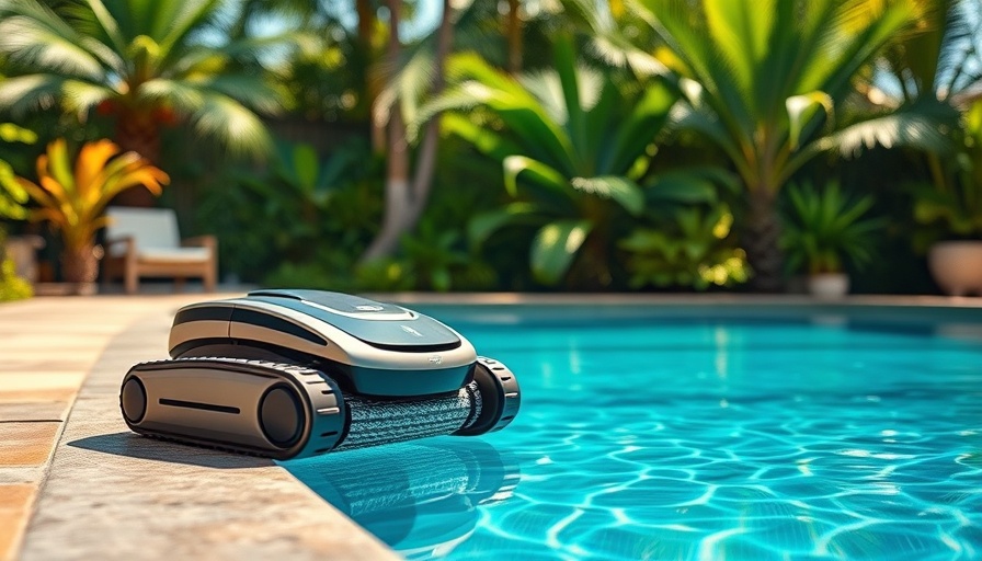 Modern robotic pool cleaners by a pool in a tropical backyard.