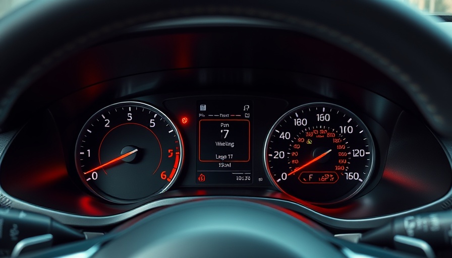 Modern car dashboard showing warnings and speedometer.