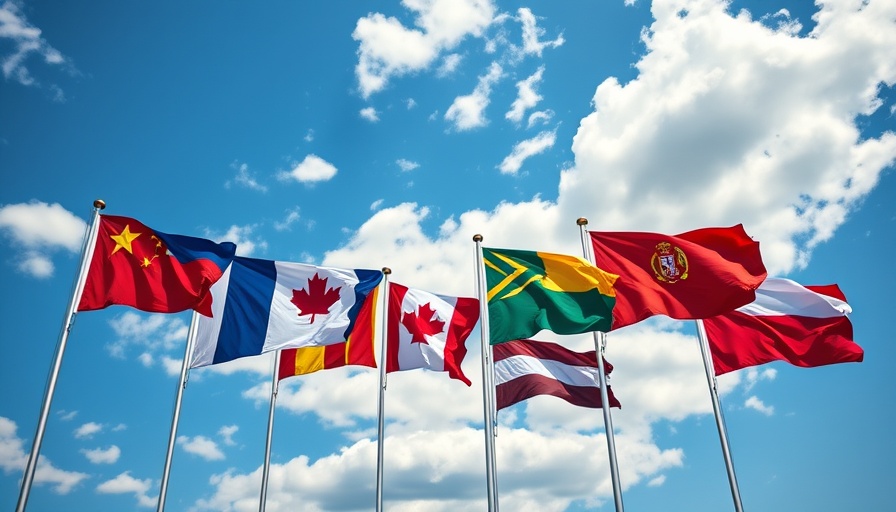 G7 flags symbolize global unity under a bright sky.