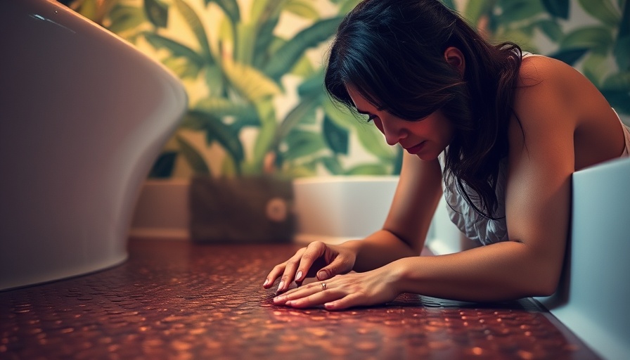 Woman tiling bathroom floor with pennies, detailed scene.