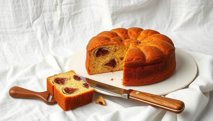 Golden brown fig cake with slice removed on plate, fig recipes.