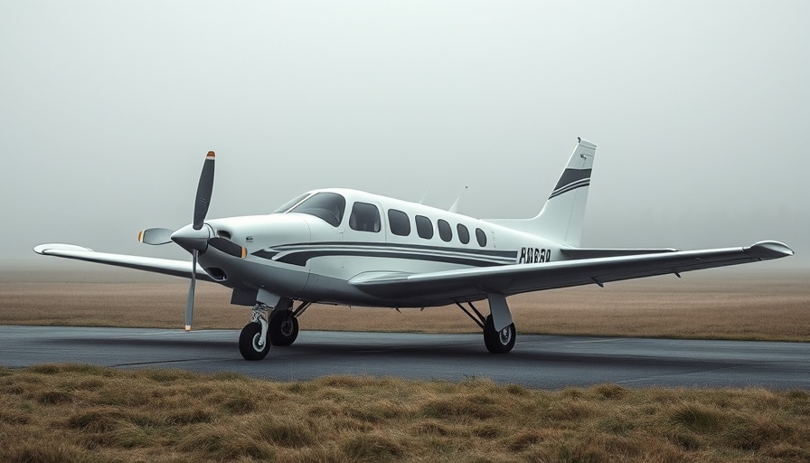 Cessna on foggy airstrip with tire protection for wildlife safety.