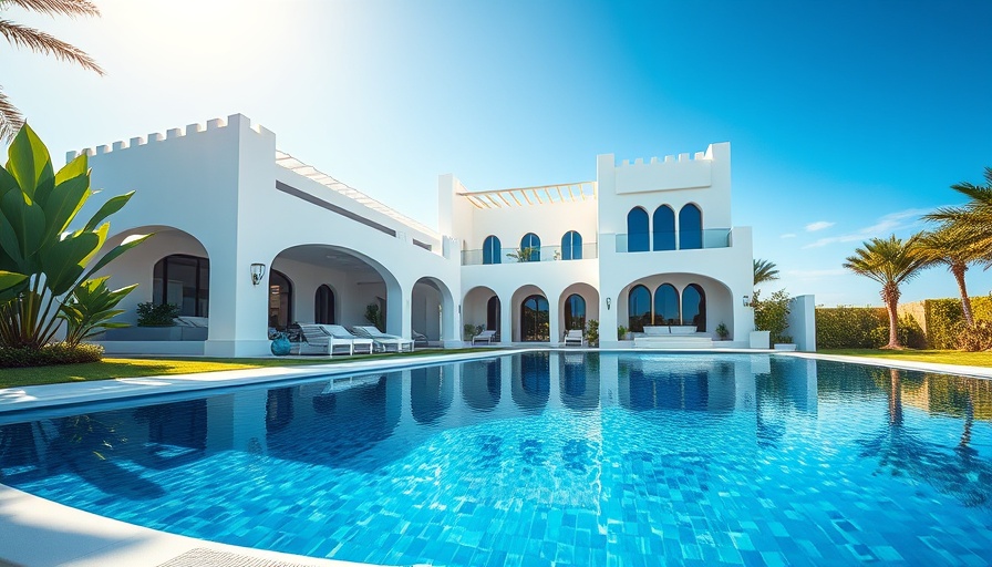 Luxurious villa in Bahrain with a serene pool under clear skies.