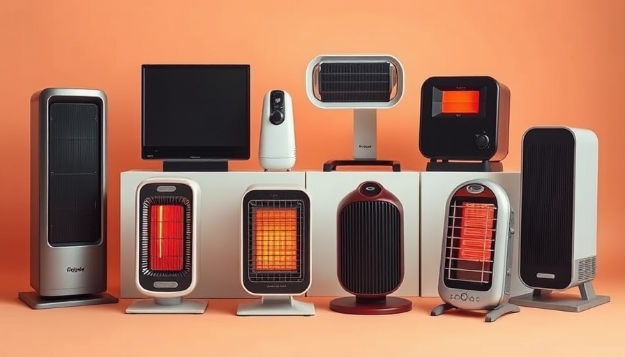Collection of modern space heaters against a peach background.