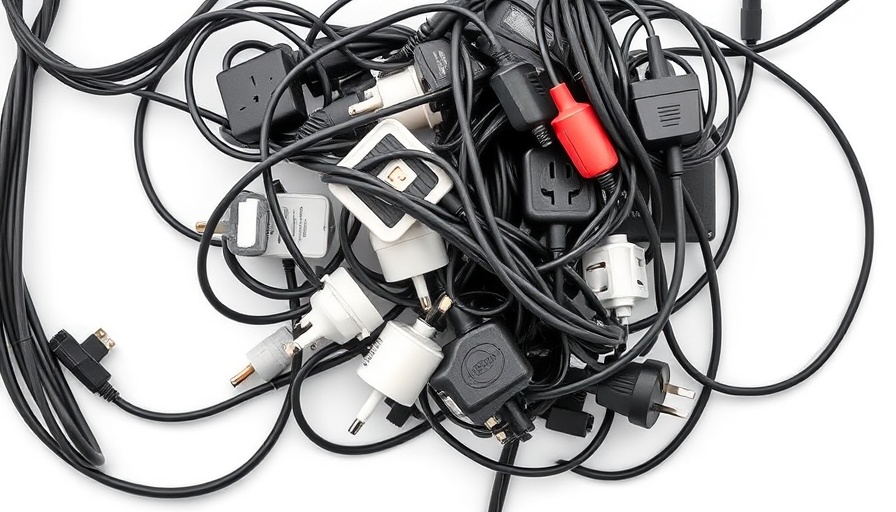 Overloaded power strip with tangled cables and plugs; what to never plug into a power strip.