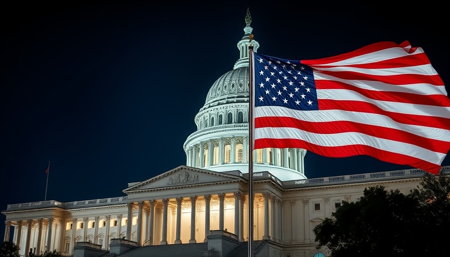 US Capitol dome lit at night with waving American flag, national debt.