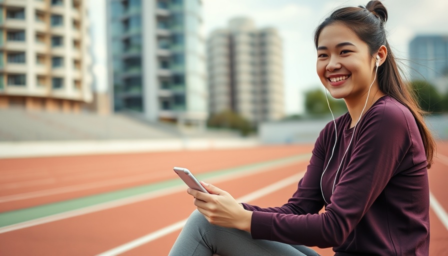 Young woman enjoying music on a track field, daylight setting.