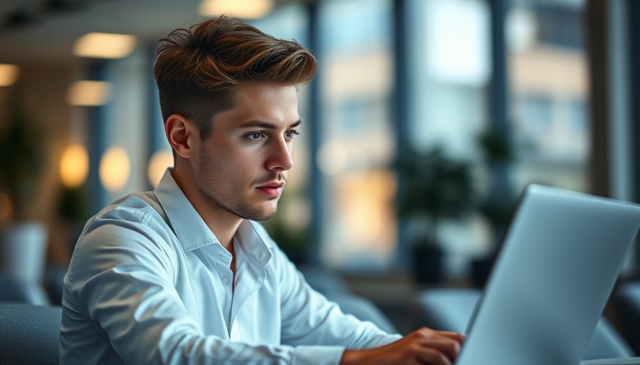 Young man working with focus on a laptop in an office, business performance management software