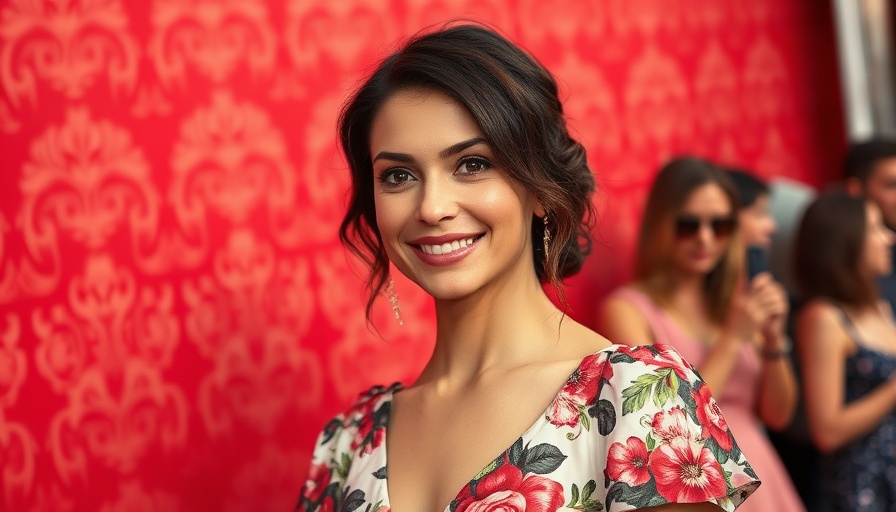 Woman in floral dress posing against a red backdrop, Drew Barrymore Flower Beauty Closure.