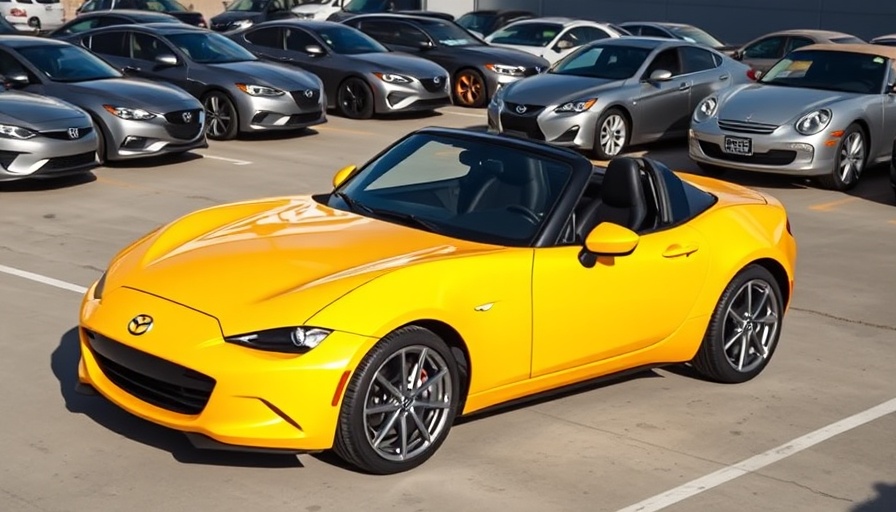 Bright yellow Mazda Miata designed by Tsutomu Matano parked in lot.