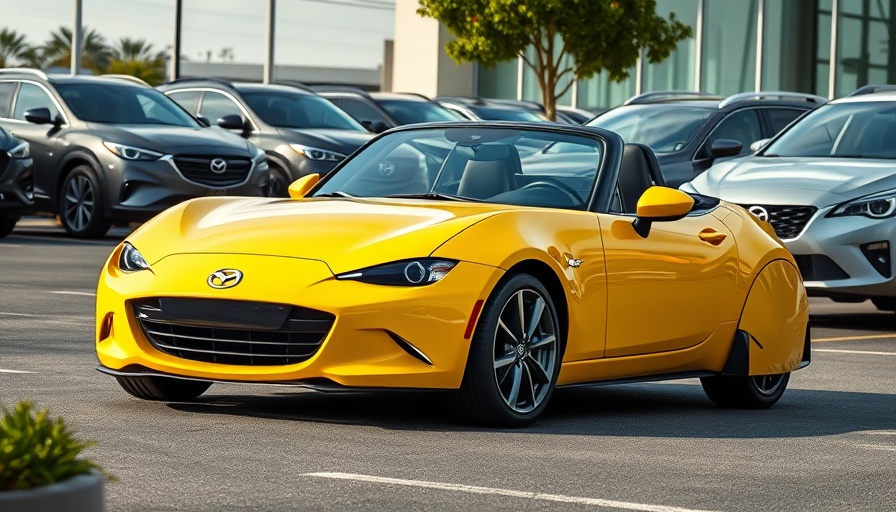 Bright yellow Mazda Miata design on a car lot, showcasing sleek aesthetics.