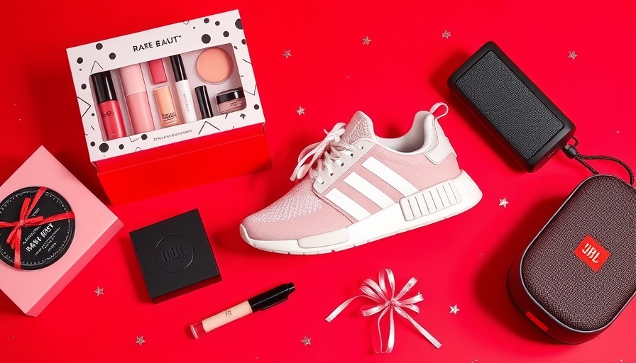 Trendy gift collection: beauty set, sneakers, speaker on red.