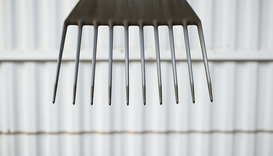 Close-up of a sturdy metal leaf rake against a white wall, best leaf rake.