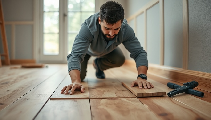 Man installing wooden flooring, focused on task with tools around.