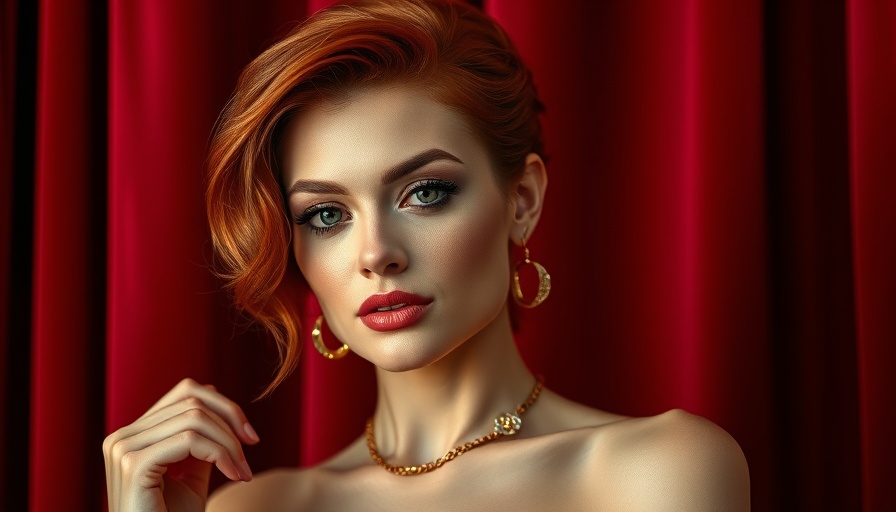 Stylish woman posing with red hair and gold jewelry, Photorealistic.