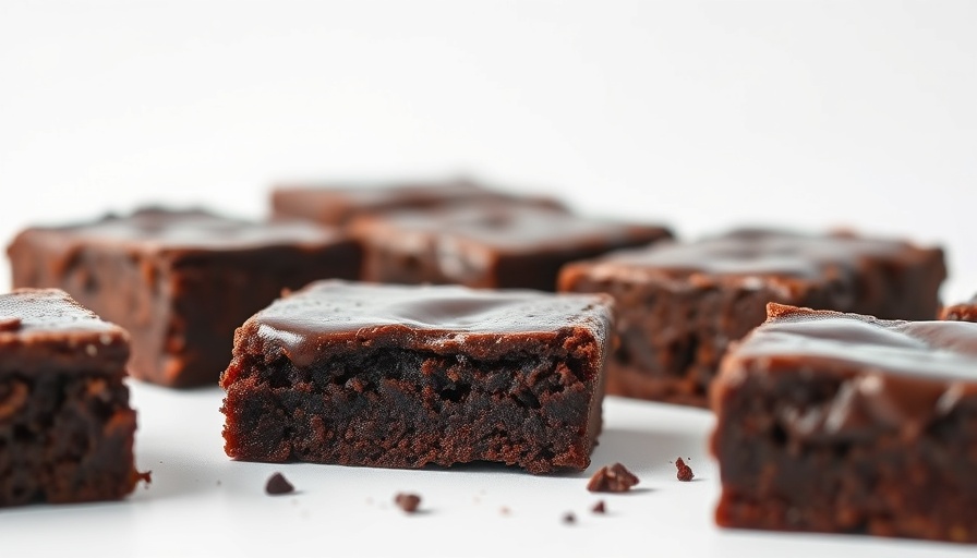 Fudgy flourless double-chocolate brownies on white background