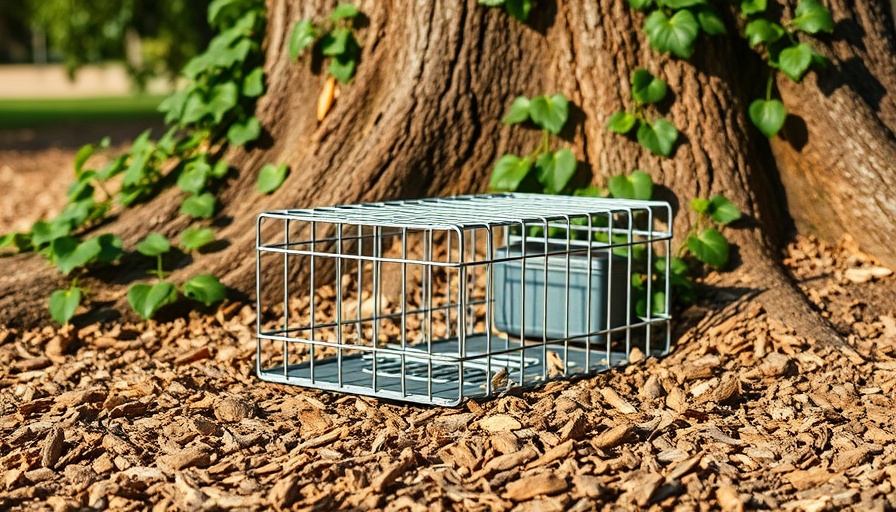 Sturdy metal squirrel trap on mulch in garden setting.