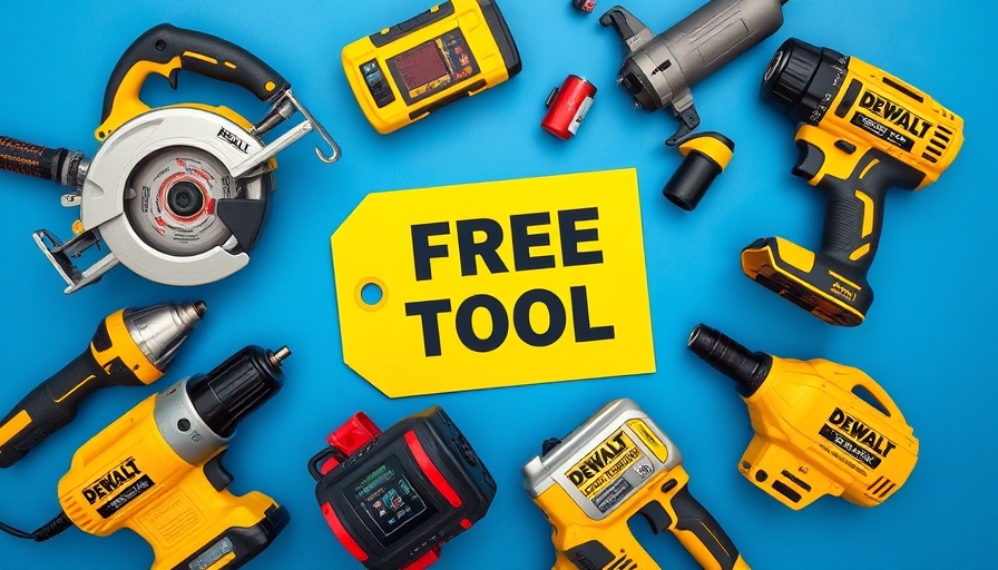 Variety of DEWALT tools with promo tag for free DEWALT battery offer.